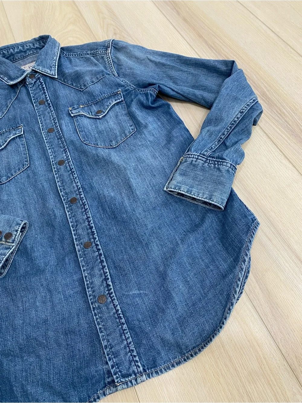 Ralph Lauren Distress Repair Western Shirt Denim Fade Blue Pearl Snap Polo